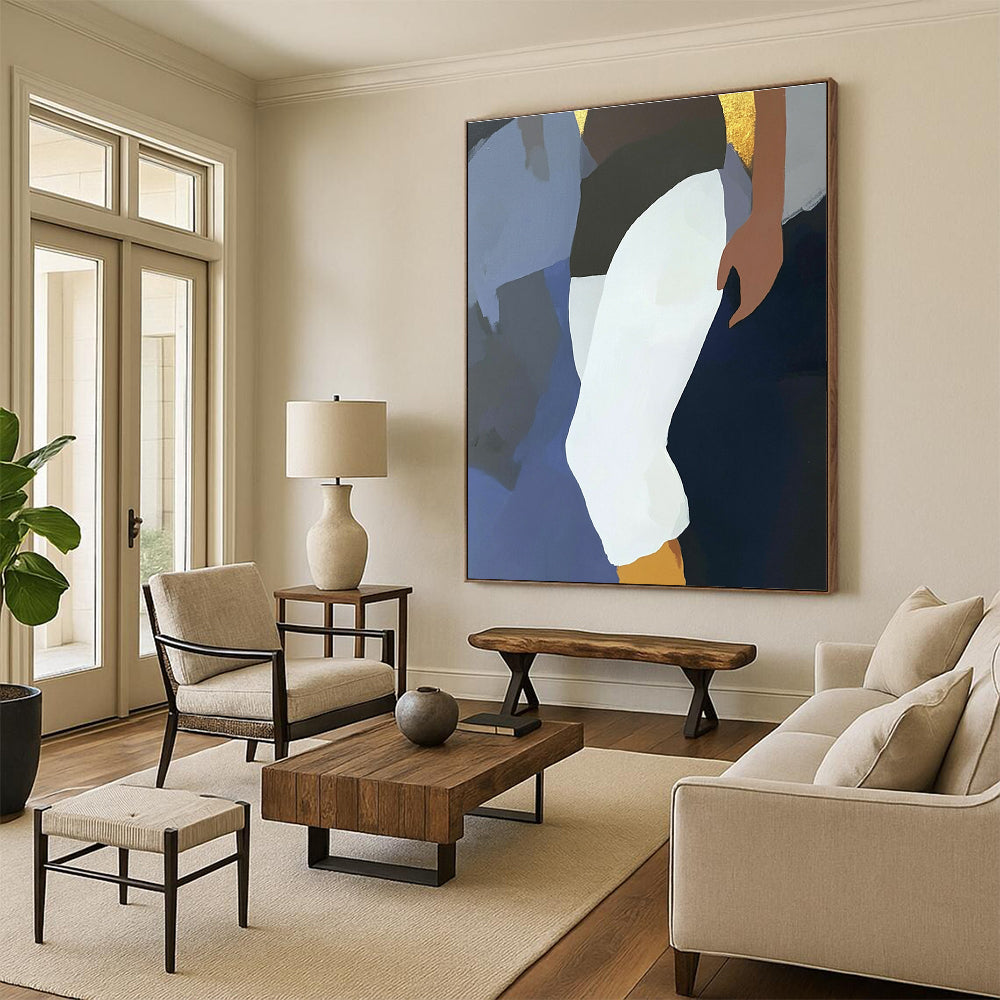 Large abstract painting featuring a fluid design with a dark blue background elegant Devanagari lettering and an anime character in white pants and black socks.STSC936