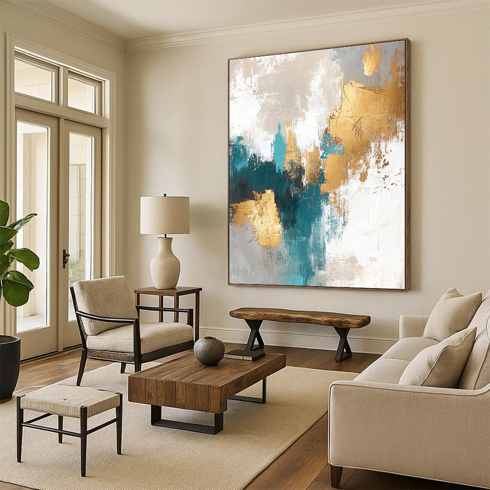 Teal - Gold Abstract with Gray, White, and Beige GER328
