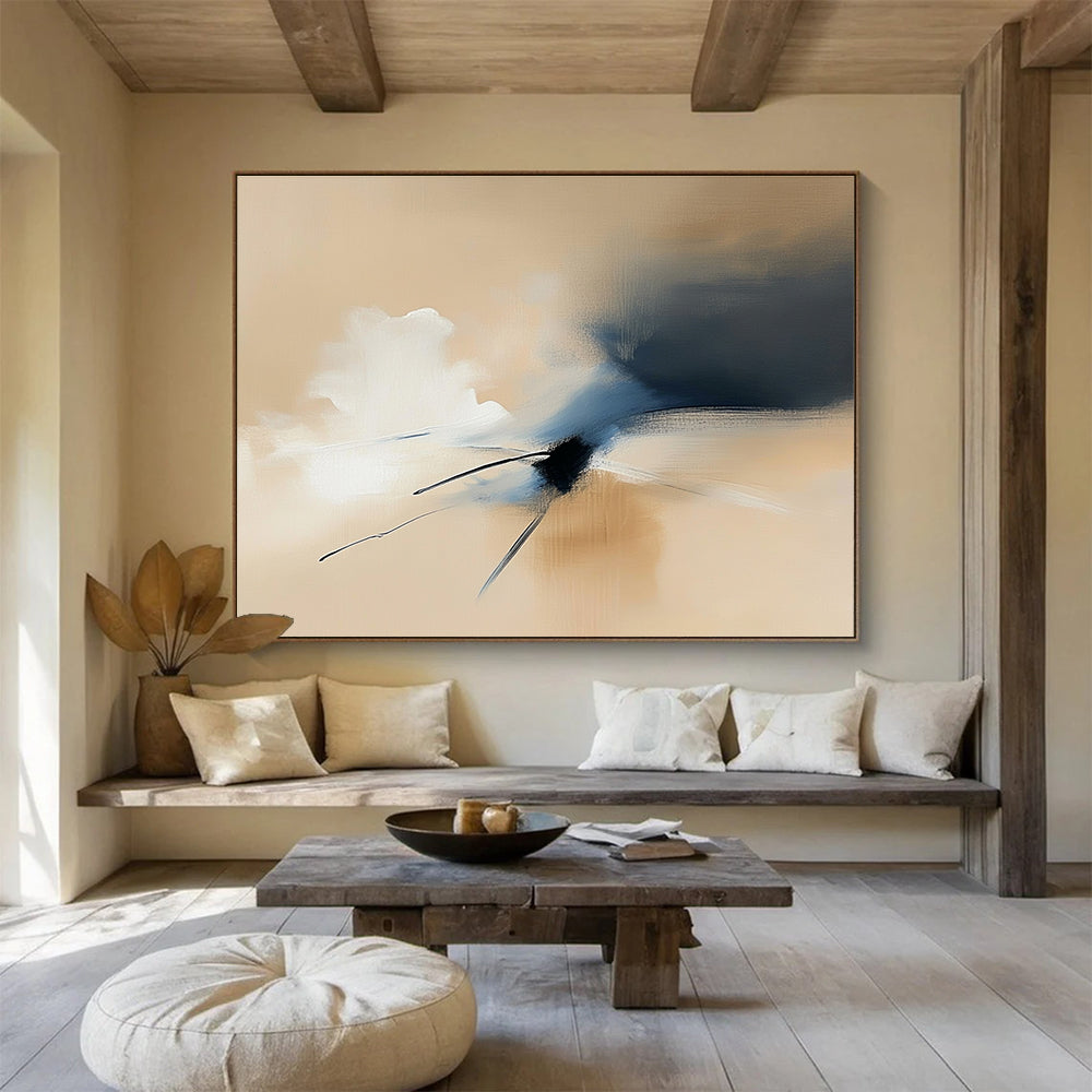 Large abstract painting featuring ethereal cloud forms in beige and blue tones with smooth brushwork and soft edges.SC178
