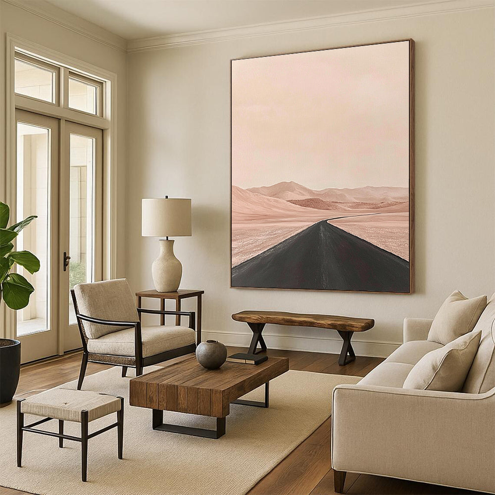Large abstract painting of a desert scene featuring an empty road in the foreground with muted tones in a minimalist style.STSC1093