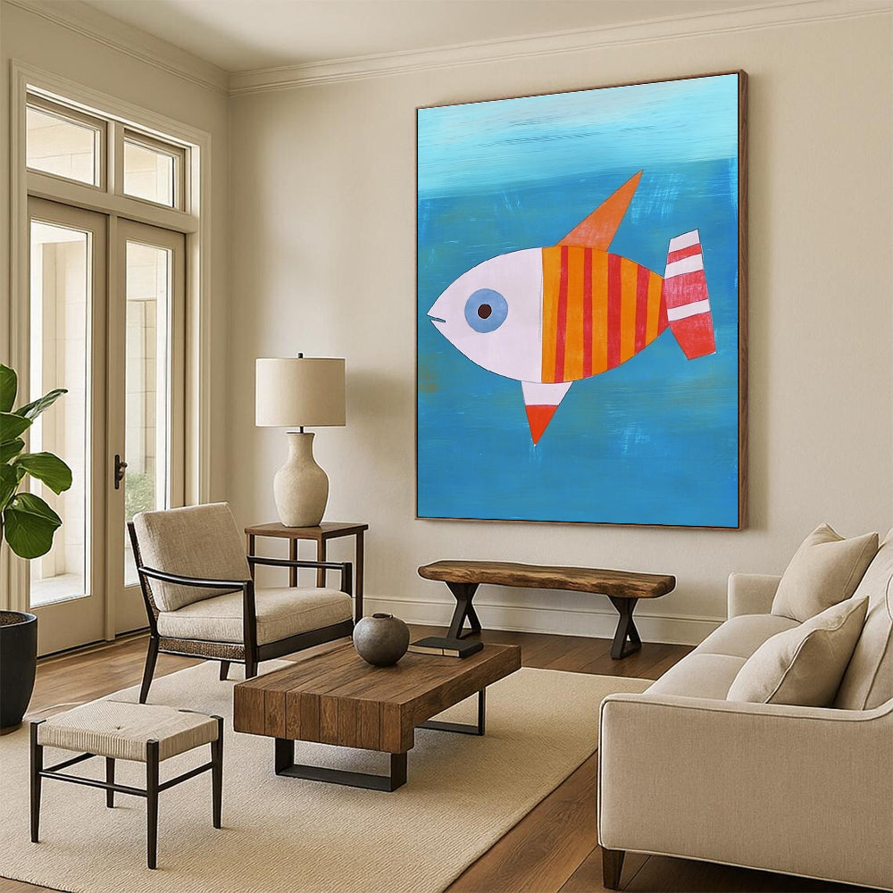 A large abstract painting featuring a flat illustration of a fish with an orange-red body and white stripes swimming in blue water.STSC995