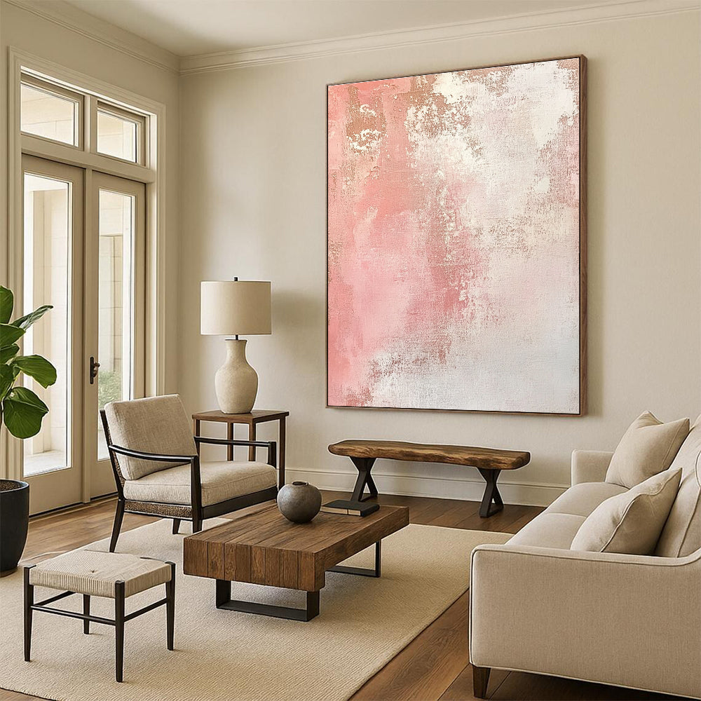 Pink and White Textured Abstract Painting with Subtle Gold Accents GER040