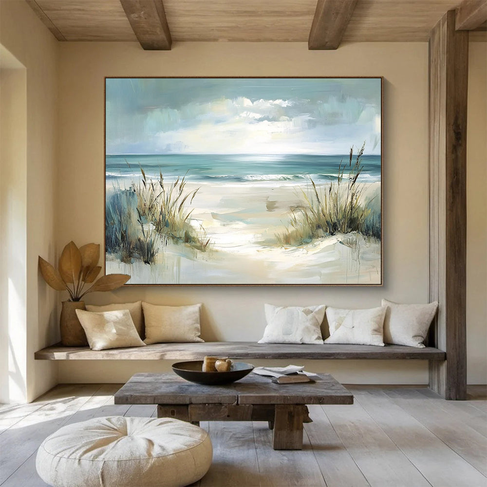 Large abstract painting depicting a serene coastal scene with dunes and ocean in soft pastel teal and blue hues, radiating tranquility and serenity.SC546