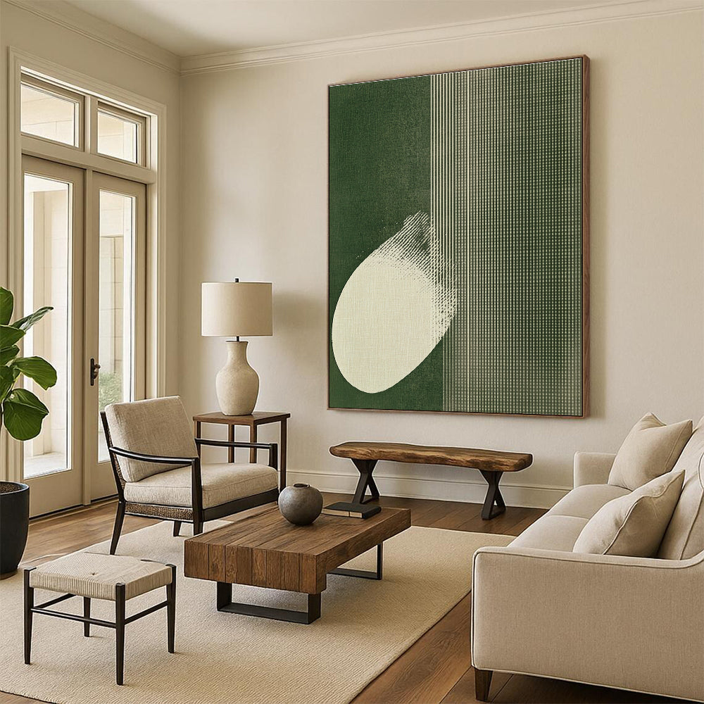 Large abstract artwork featuring white polka dots on emerald green with butterfly wings, creating a calm minimalist textile-inspired design.STSC1037