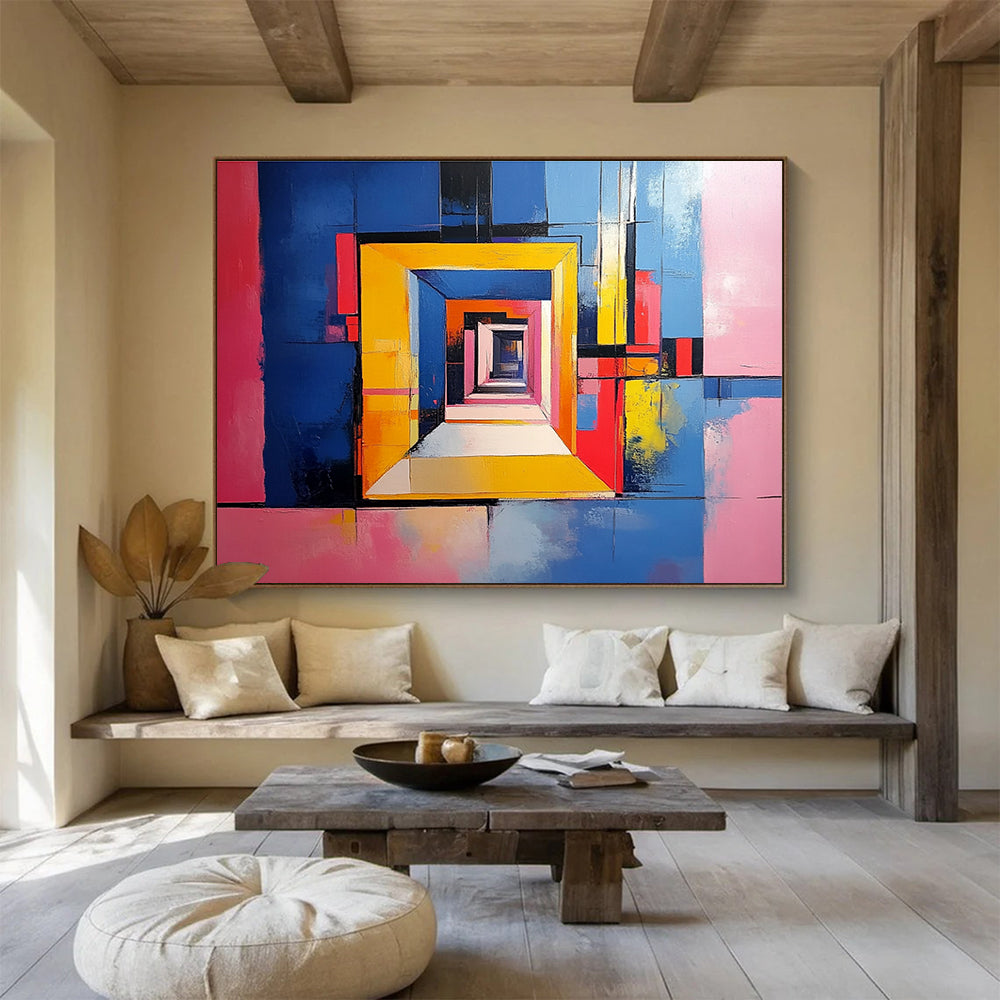 Vibrant abstract painting of an open door with geometric shapes against a blue and yellow background highlighting pink walls and soft textures.SC337