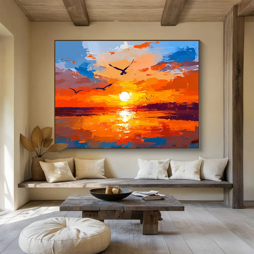 Vibrant Sunset with Birds Abstract Painting in Orange and Blue DYP443