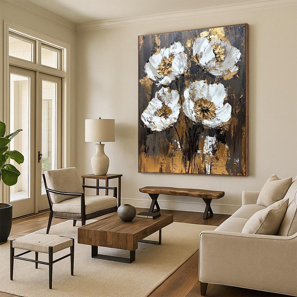 Large abstract painting featuring textured white and gold flowers on a dark brown background with vintage-style brush strokes and rich emotional depth.STSC834