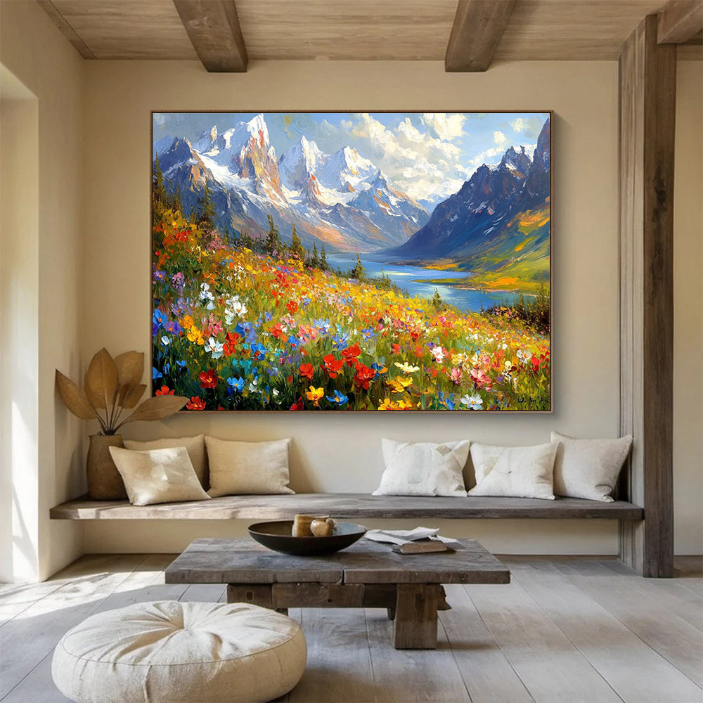 Abstract painting of vibrant wildflowers with majestic snow-capped mountains lakes and forests creating a stunning natural landscape.SC581