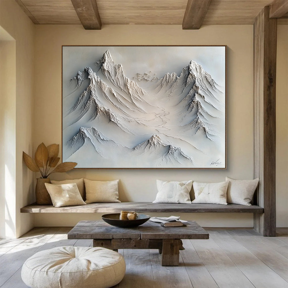 Large abstract painting with soft impasto textures in gray and white featuring snow-covered peaks and valleys for a serene visual experience.SC509