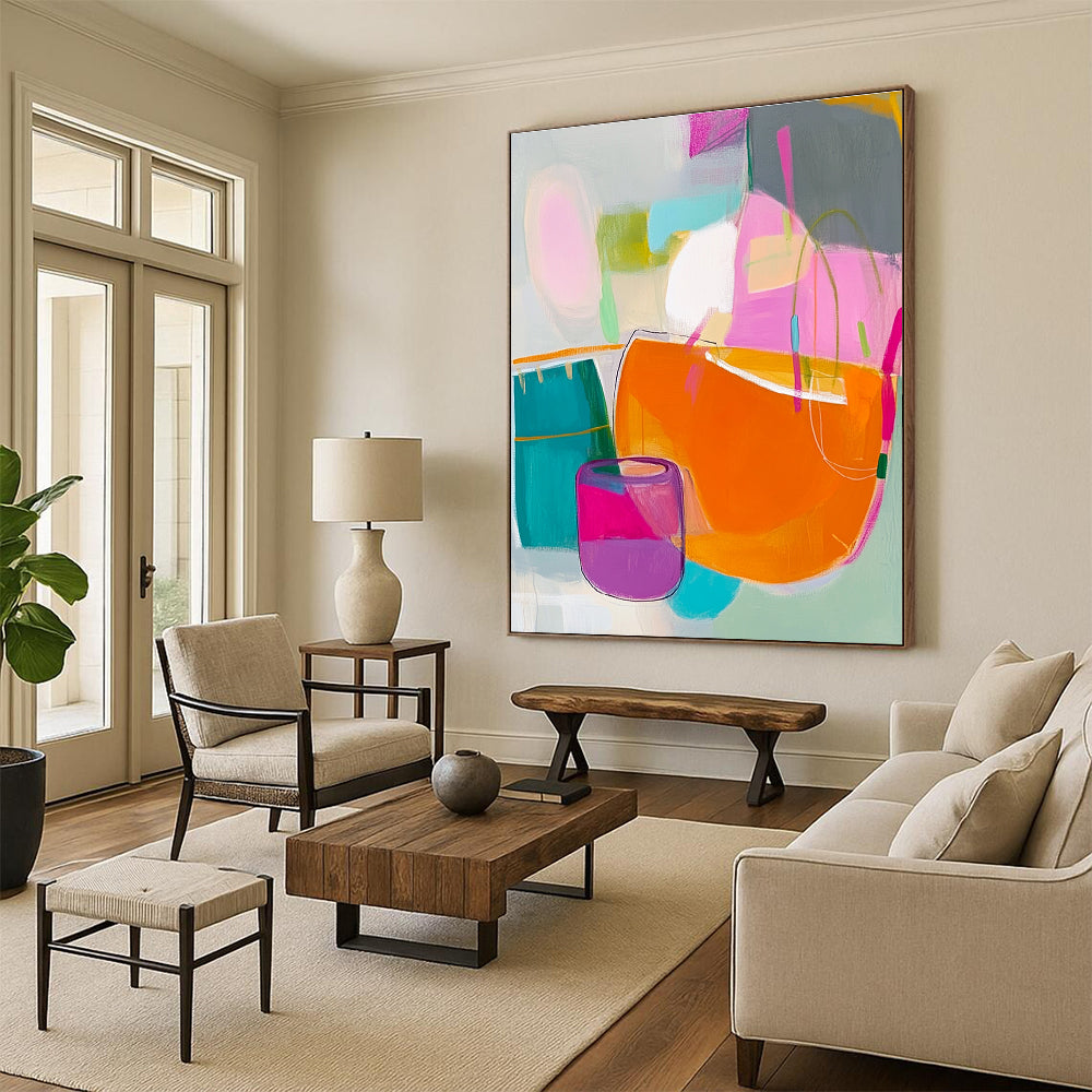 Abstract painting features pink green yellow shapes with an orange handbag blue box and purple jar on a soft gray background.STSC788