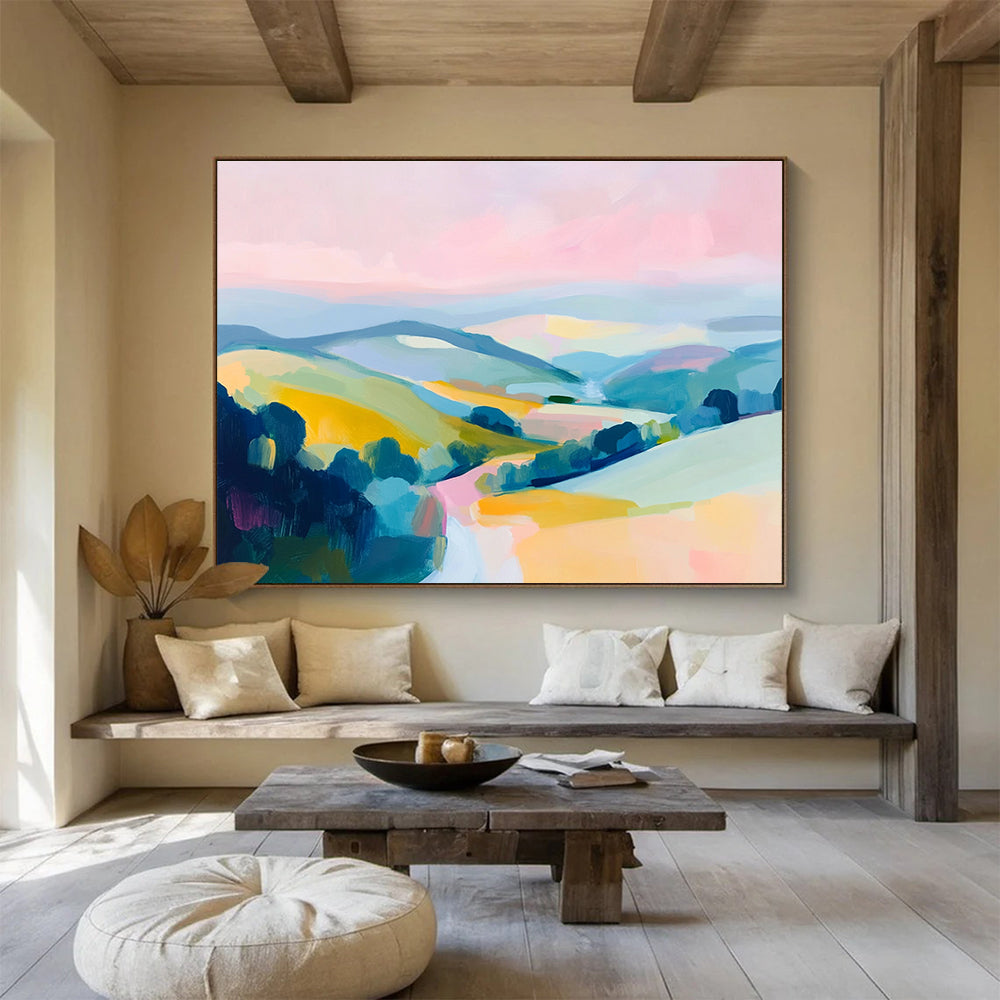 Colorful Abstract Hills Painting with Pink Blue and Yellow DYP288