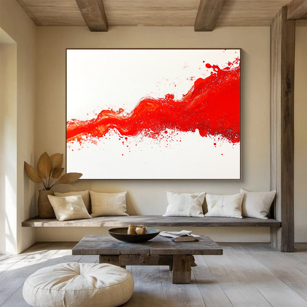 Large abstract painting featuring a vibrant crimson wave flowing across a white canvas with dynamic splashes capturing fluidity and energy.SC039