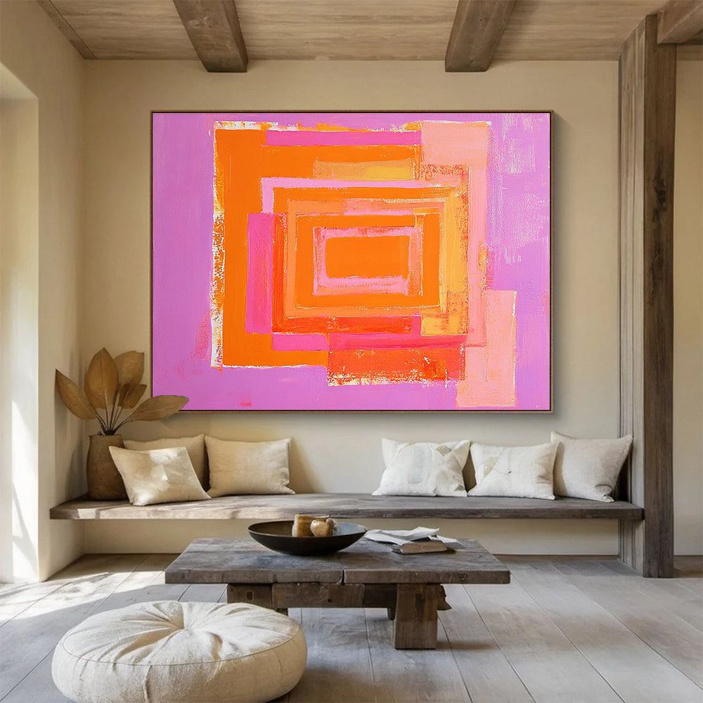 A large abstract painting featuring a pink and orange pastel maze with bold shapes and ample negative space.SC539