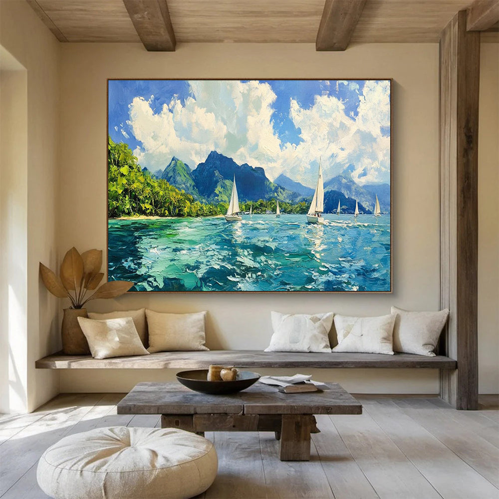 Sailing Bay Abstract Painting with Bright, Coastal Energy THY413