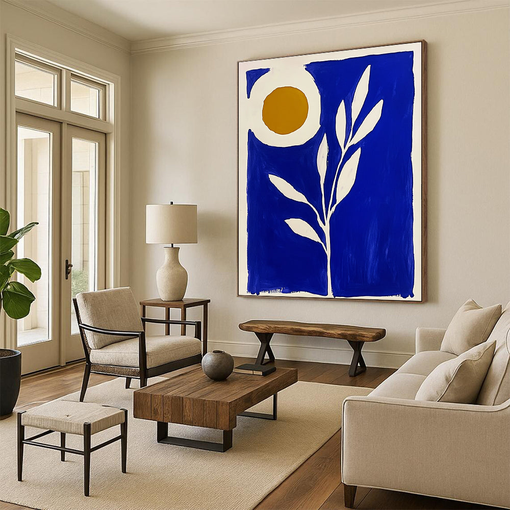 Large abstract painting in blue and white featuring a plant with the sun in a Matisse-inspired block print style.STSC921