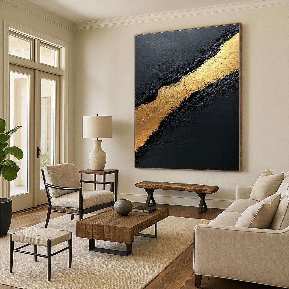 Black and Gold Abstract Painting with Textured Layers GER594
