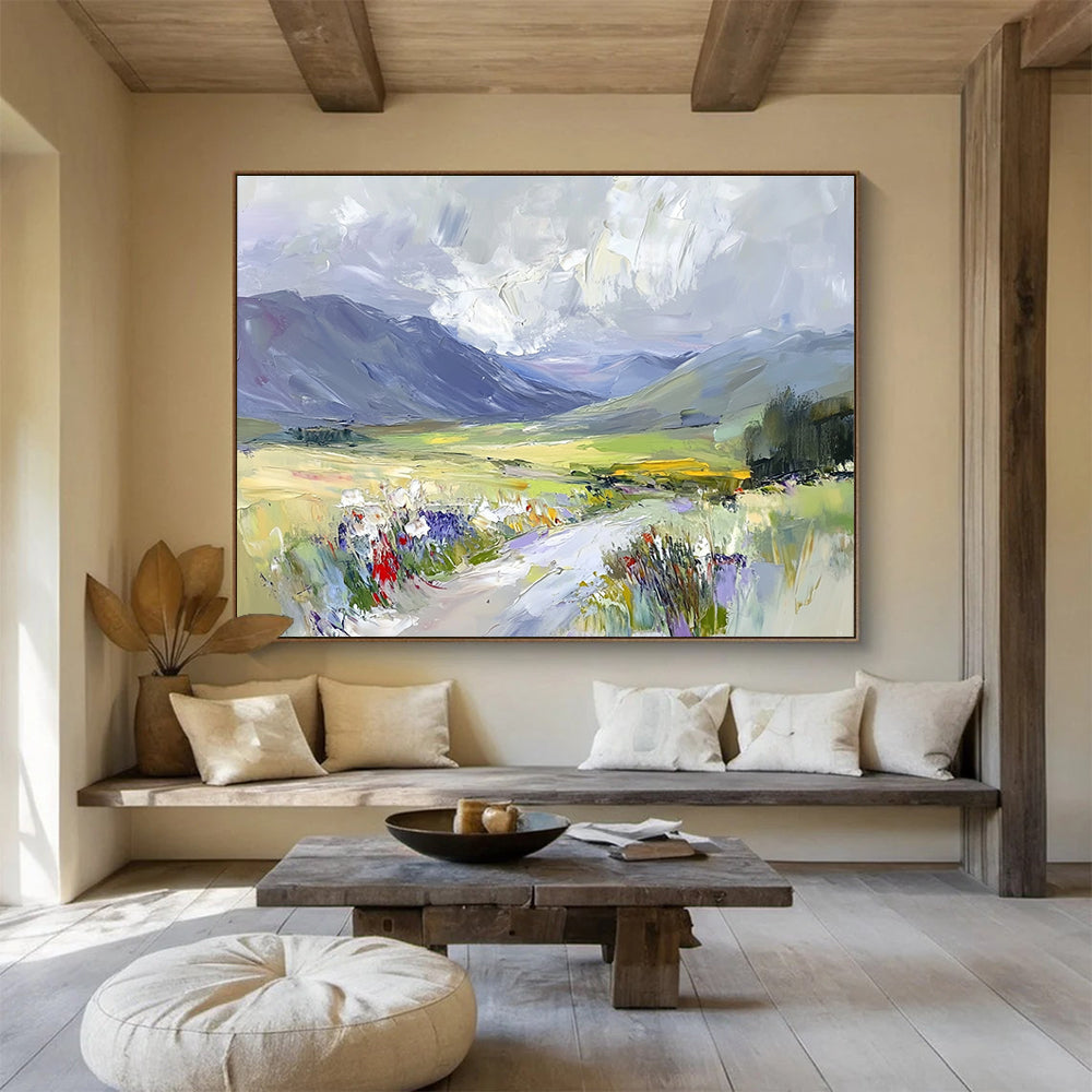A large abstract painting capturing Scottish glens with soft clouds and vibrant colors offering an impressionistic, dynamic landscape experience.SC473
