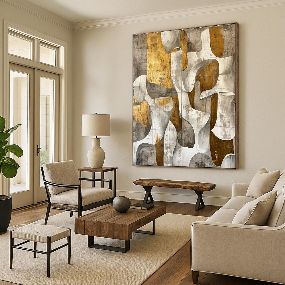 Gold Grey White Abstract Geometric Painting ADGE011