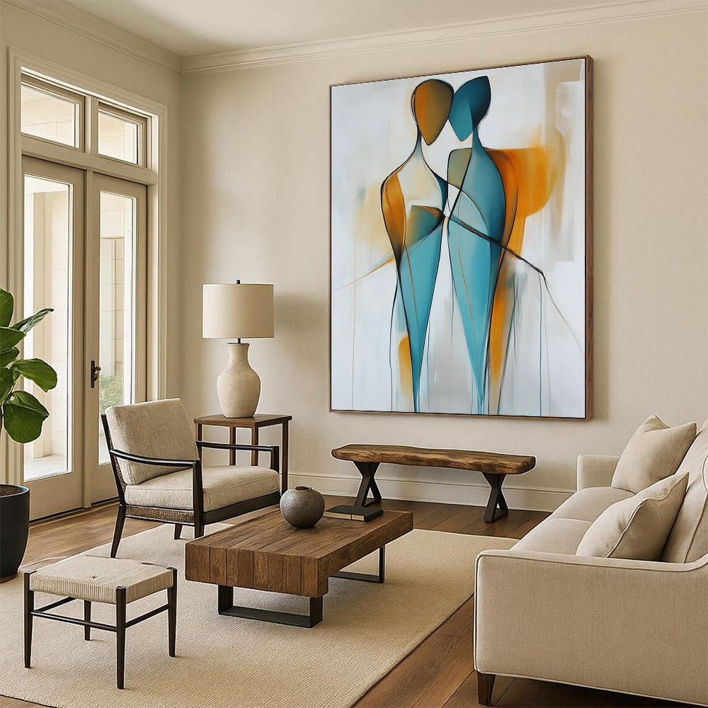 Large abstract painting featuring two figures in light blue and amber hues with smooth lines and golden details on a light gray background.STSC714