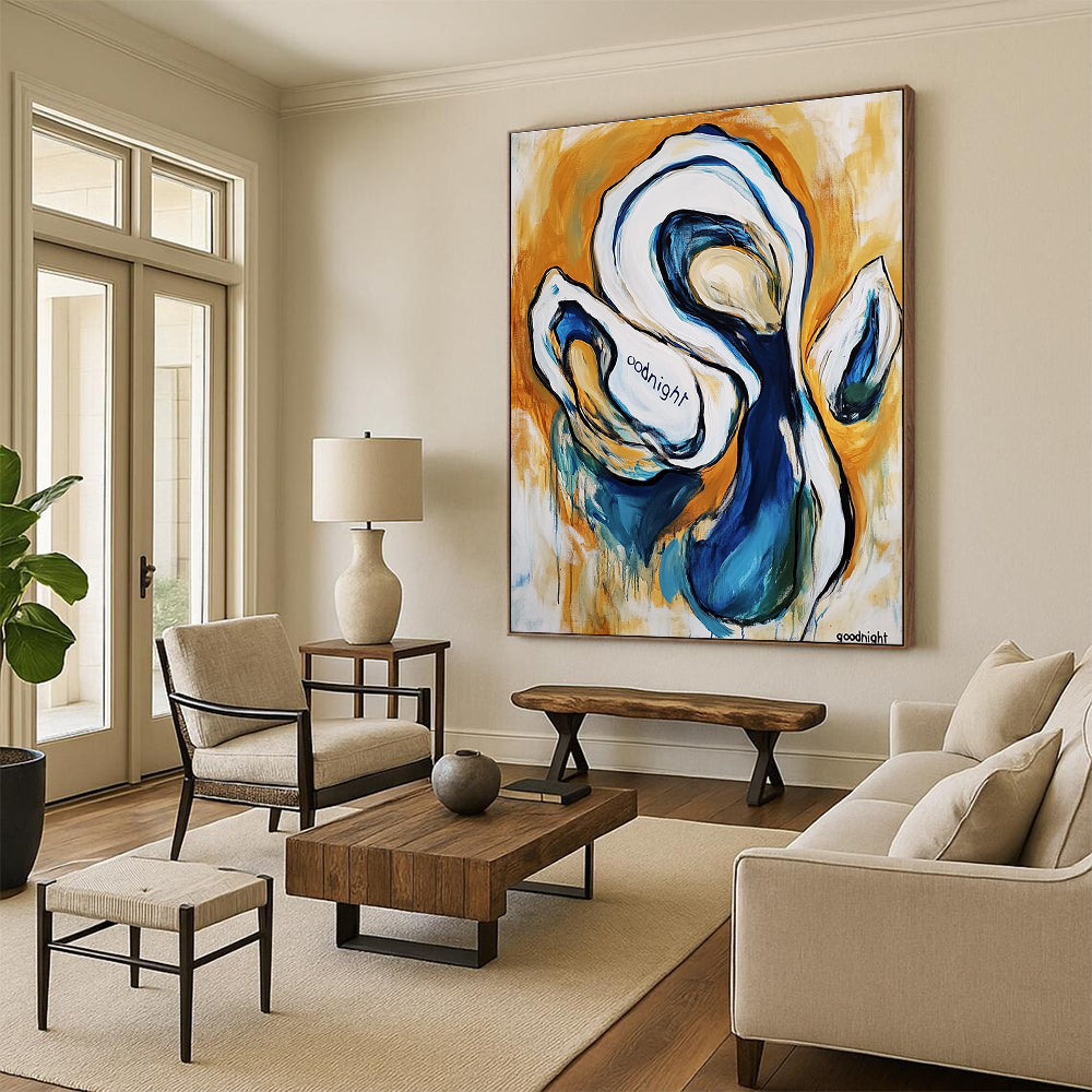 Large abstract painting of an oyster featuring the word goodnight in white and blue warm colors thick brush strokes and joyful scenes of dogs.STSC272