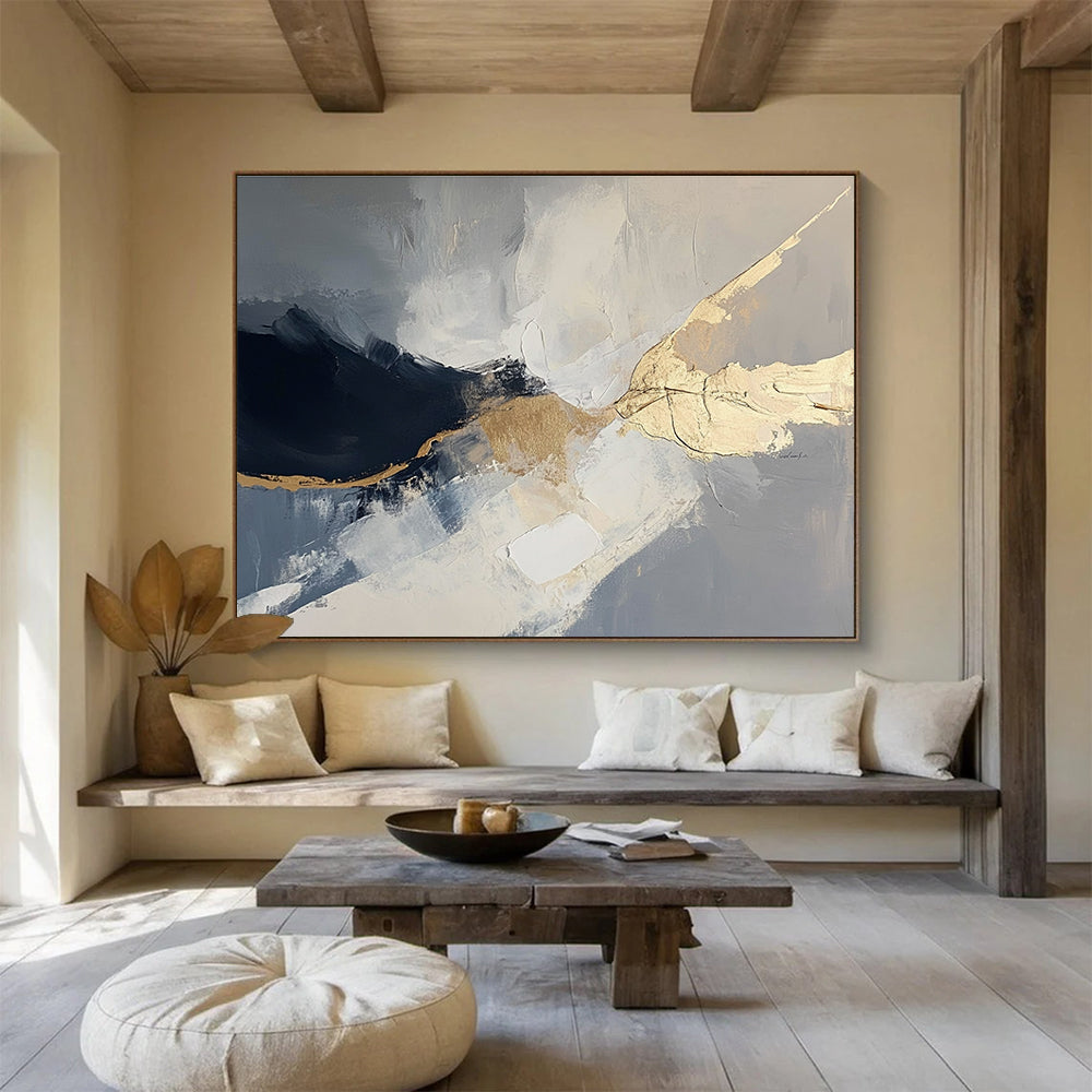 Gray and Gold Abstract Painting with Fluid Shapes DYP299