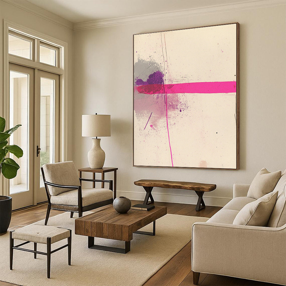 Large abstract pink line artwork on white paper accented with grey and purple for a modern artistic touch.STSC1181