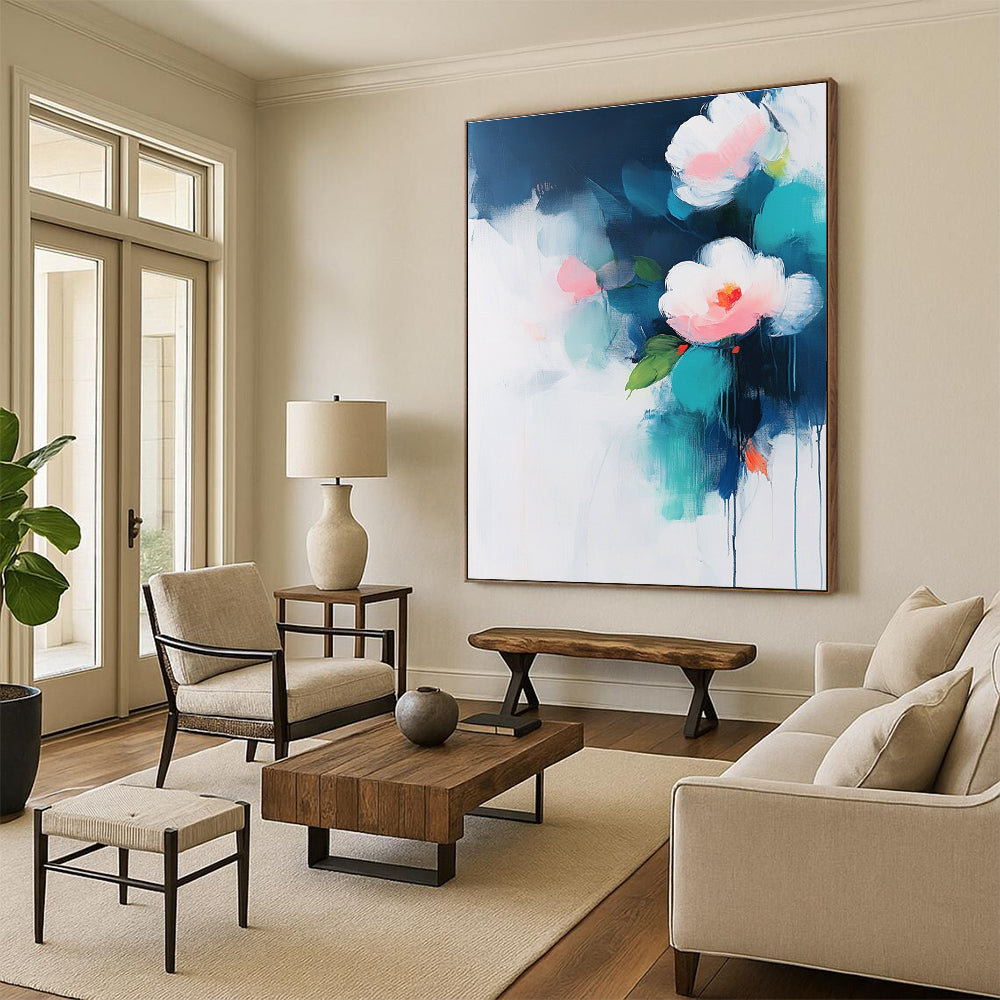Abstract painting on a white background with teal and pink accents featuring flowers and green leaves in soft atmospheric edges.STSC375