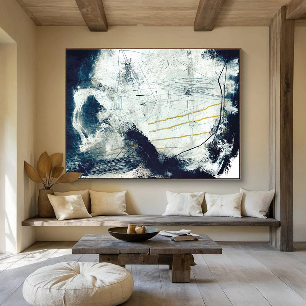 Blue and White Textured Abstract Painting with Yellow Accents THY141