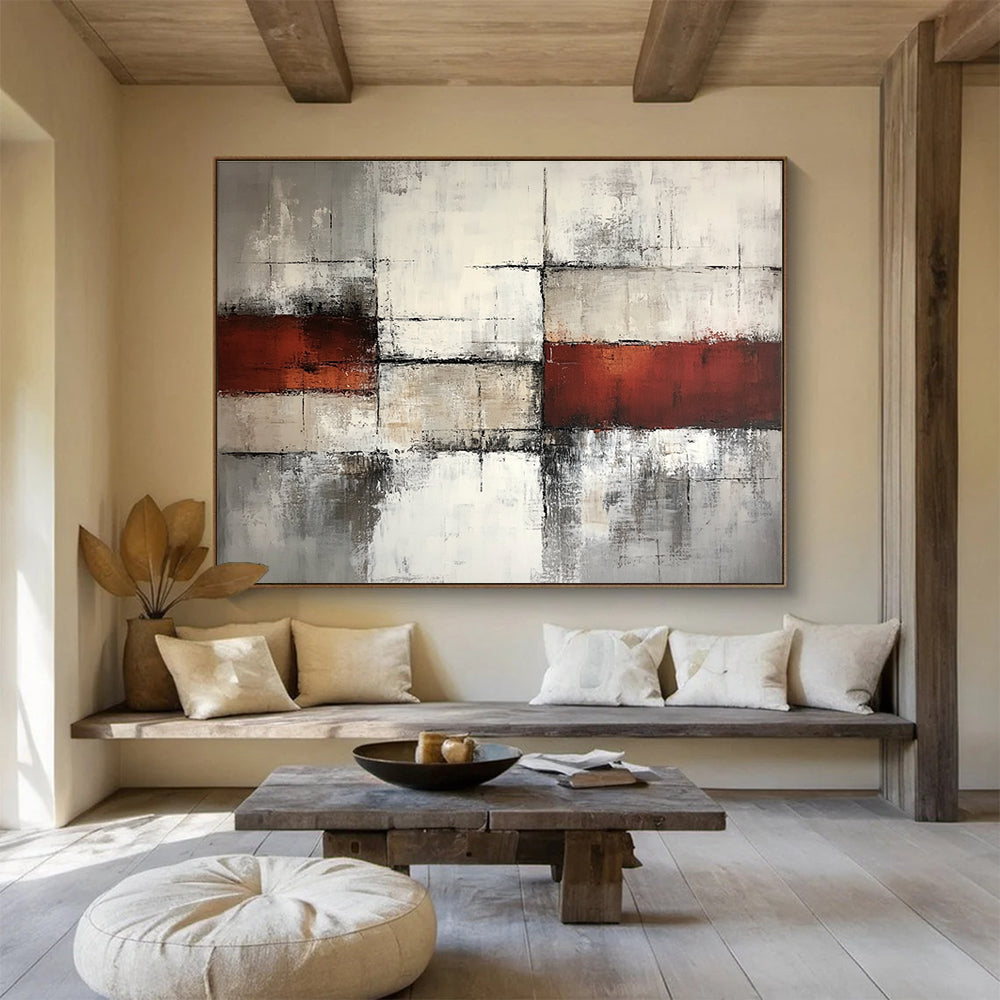 Gray Red and White Abstract Grid Painting with Distressed Textures DYP589
