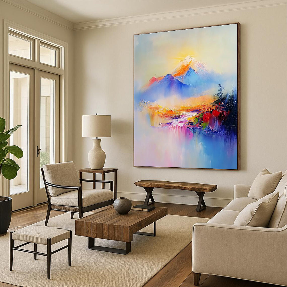 Abstract painting of Mount Redoubt featuring soft pastel colors gentle brush strokes light blue sky and a light purple river flowing through the valley.STSC323