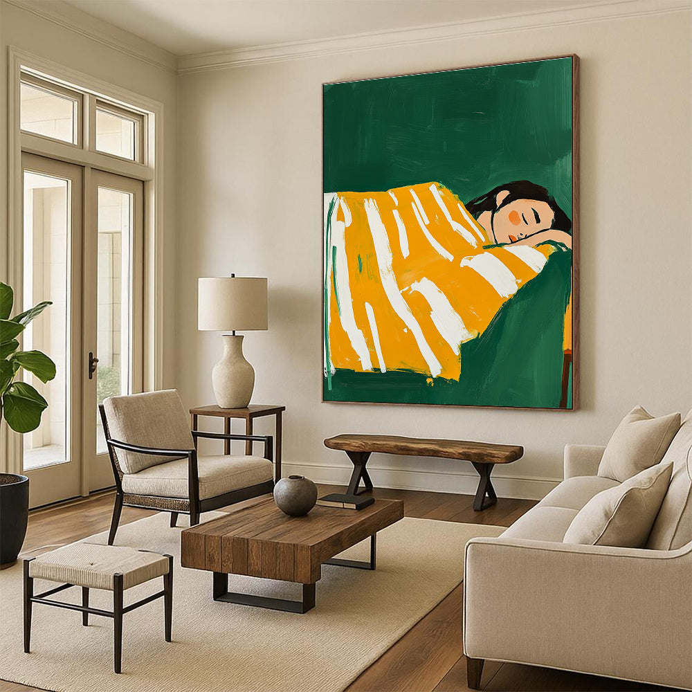 A large abstract painting featuring a woman in a yellow and white striped blanket sleeping on a couch with a vibrant green background.STSC1267