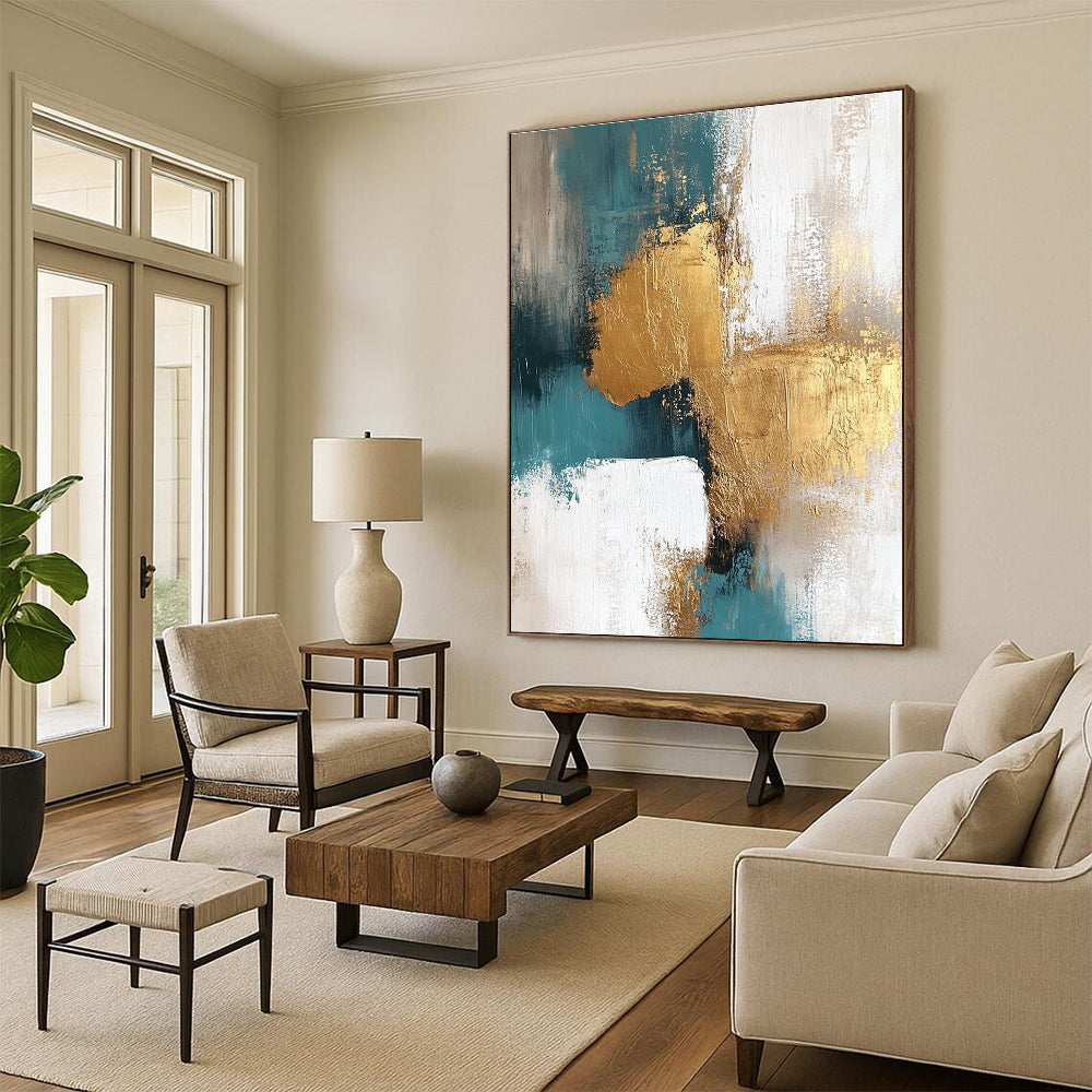 Teal Gold and White Abstract Painting with Artistic Textures GER677