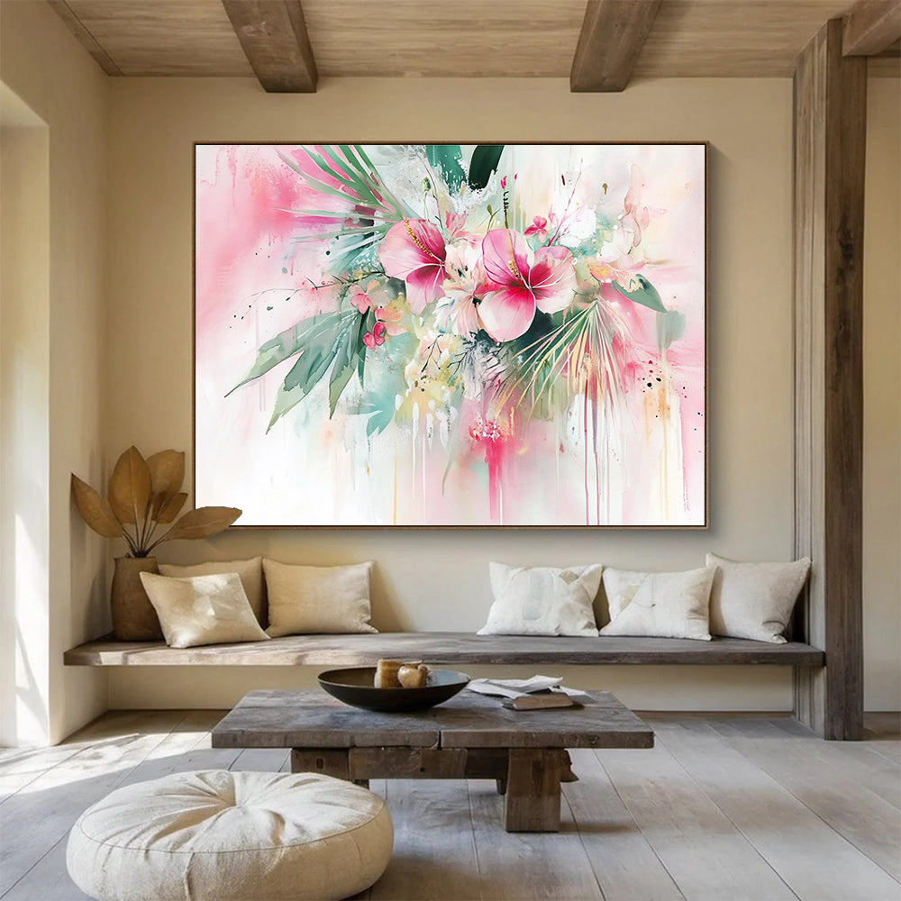 Pink Floral Abstract Painting with Watercolor Drips DYP449