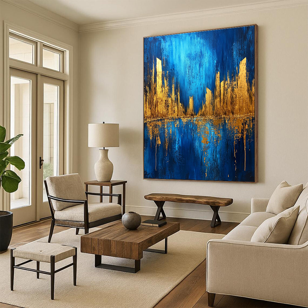 Large abstract painting featuring a metallic gold and blue cityscape on a dark textured background with bold brush strokes.STSC578