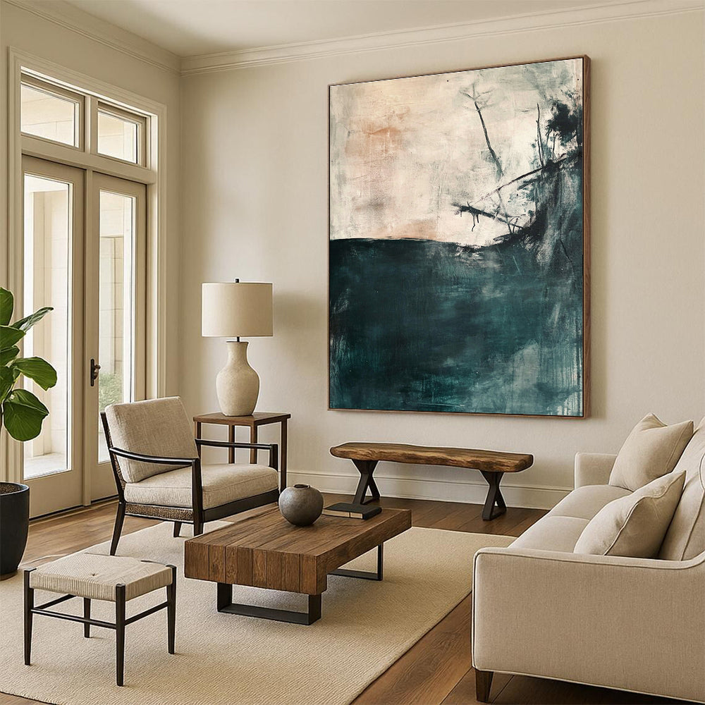 Large abstract painting depicting an underwater scene in soft gray and teal tones with minimalistic loose brushwork and neutral colors.STSC276