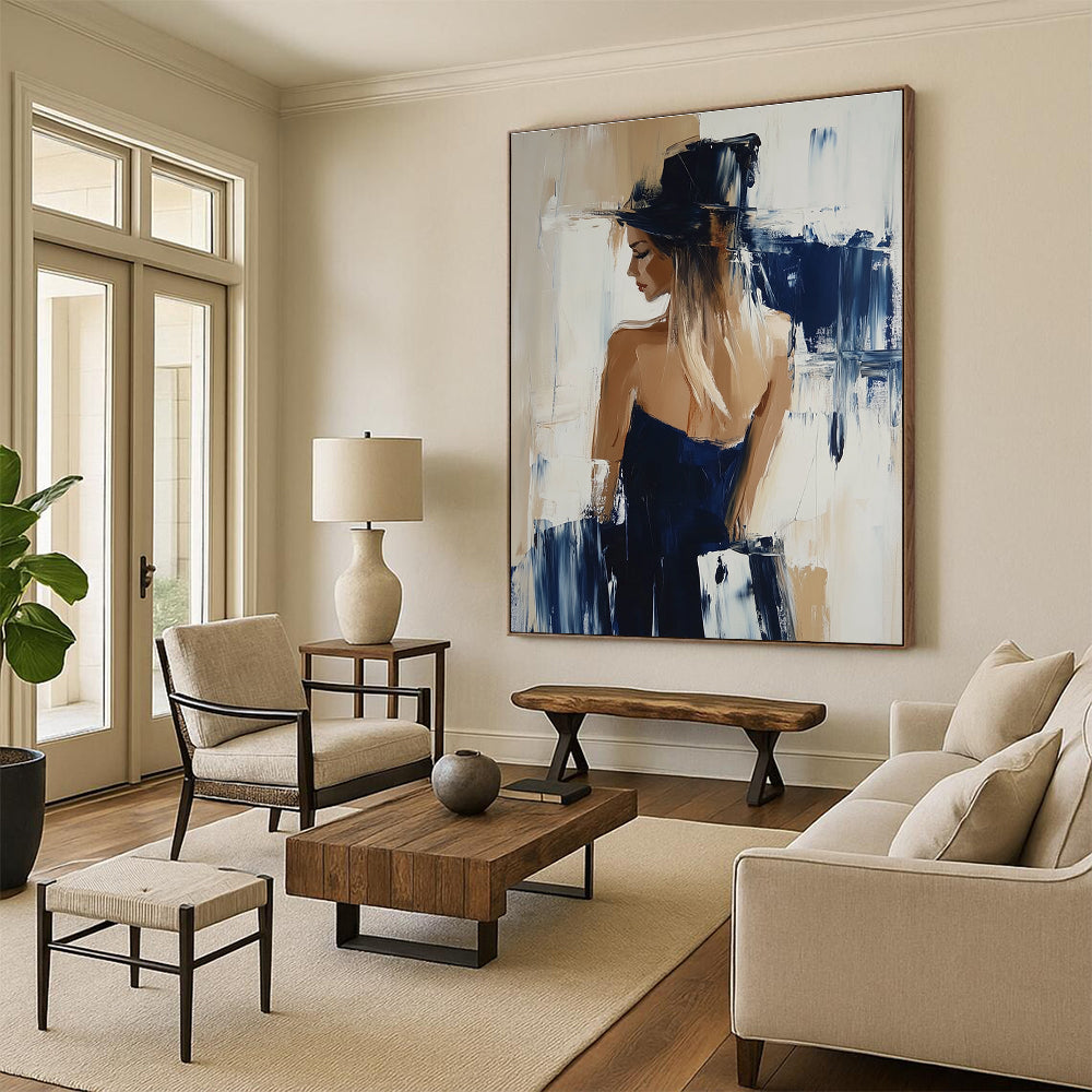 Abstract oil painting featuring a woman in Hunkemöller collection with beige and navy hues showcasing dynamic brushstrokes in Richard Schmid's style.STSC176