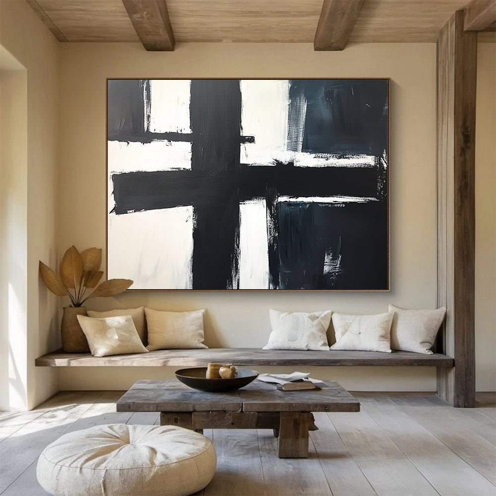 Large abstract painting in black and white featuring a central cross, inspired by John Blackwood, simple modern aesthetic with bold strokes.SC018