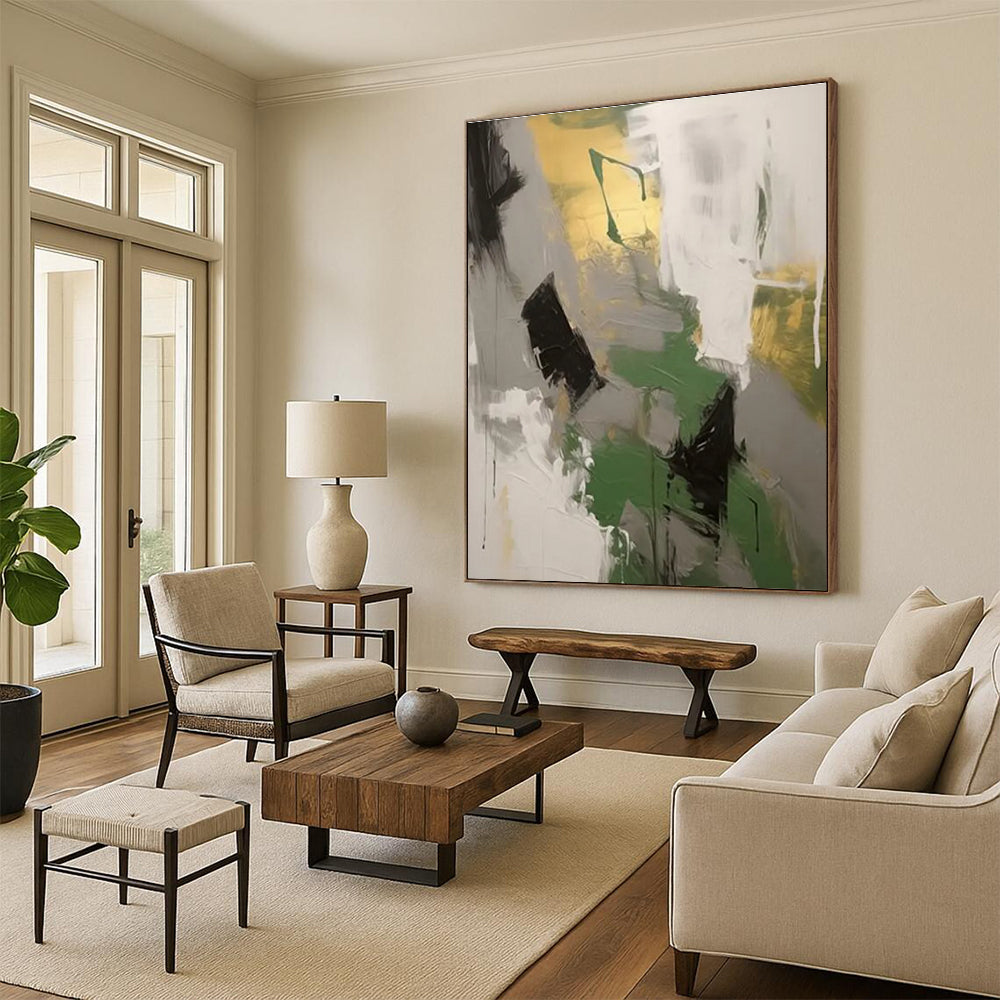 Green, Gray, and Gold Abstract Painting with Dynamic Brushstrokes ADGE115