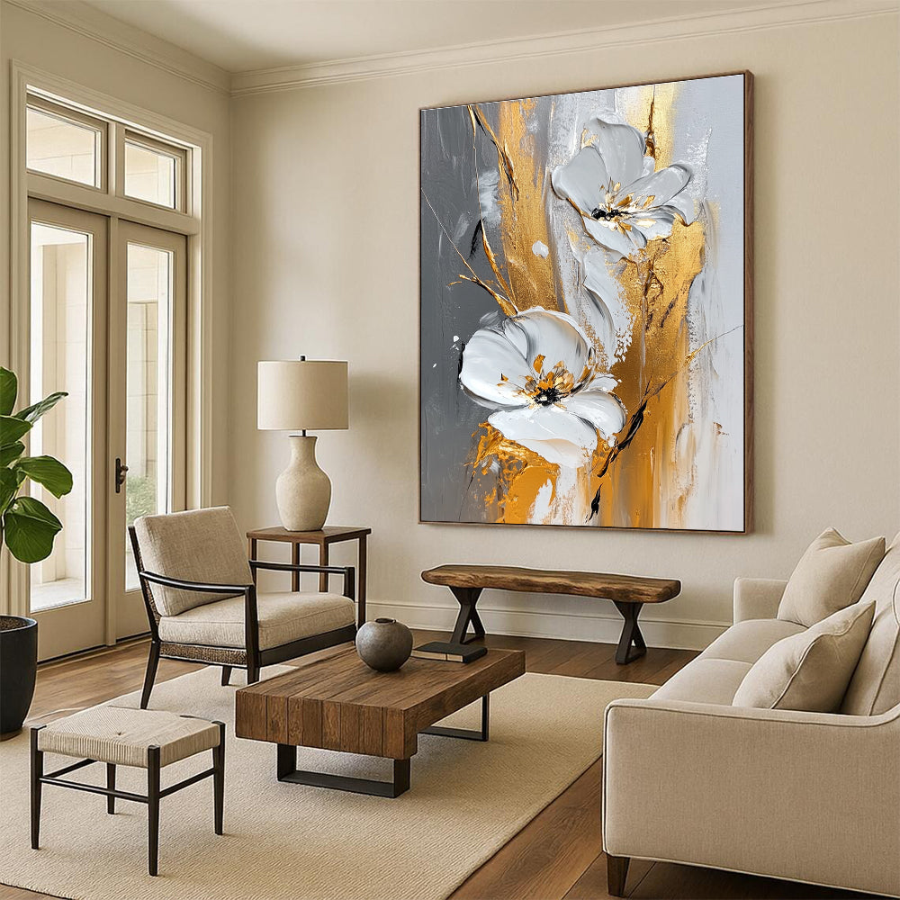 White Flower Gold Abstract Painting with 3D Textures GER603