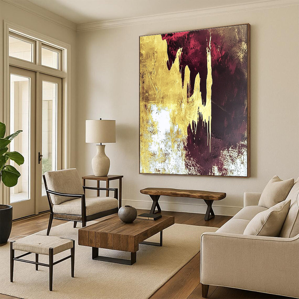 Gold and Burgundy Abstract Painting with Dripping Effects GER602