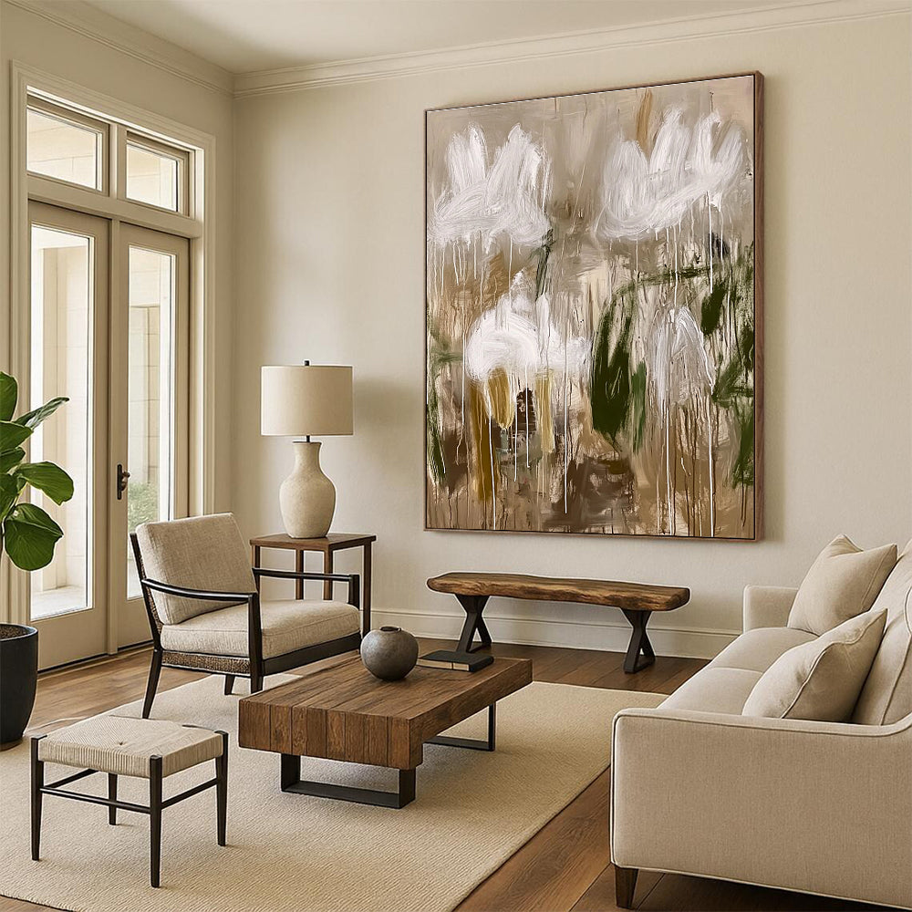Abstract White Flowers Painting with Earthy Tones GER623