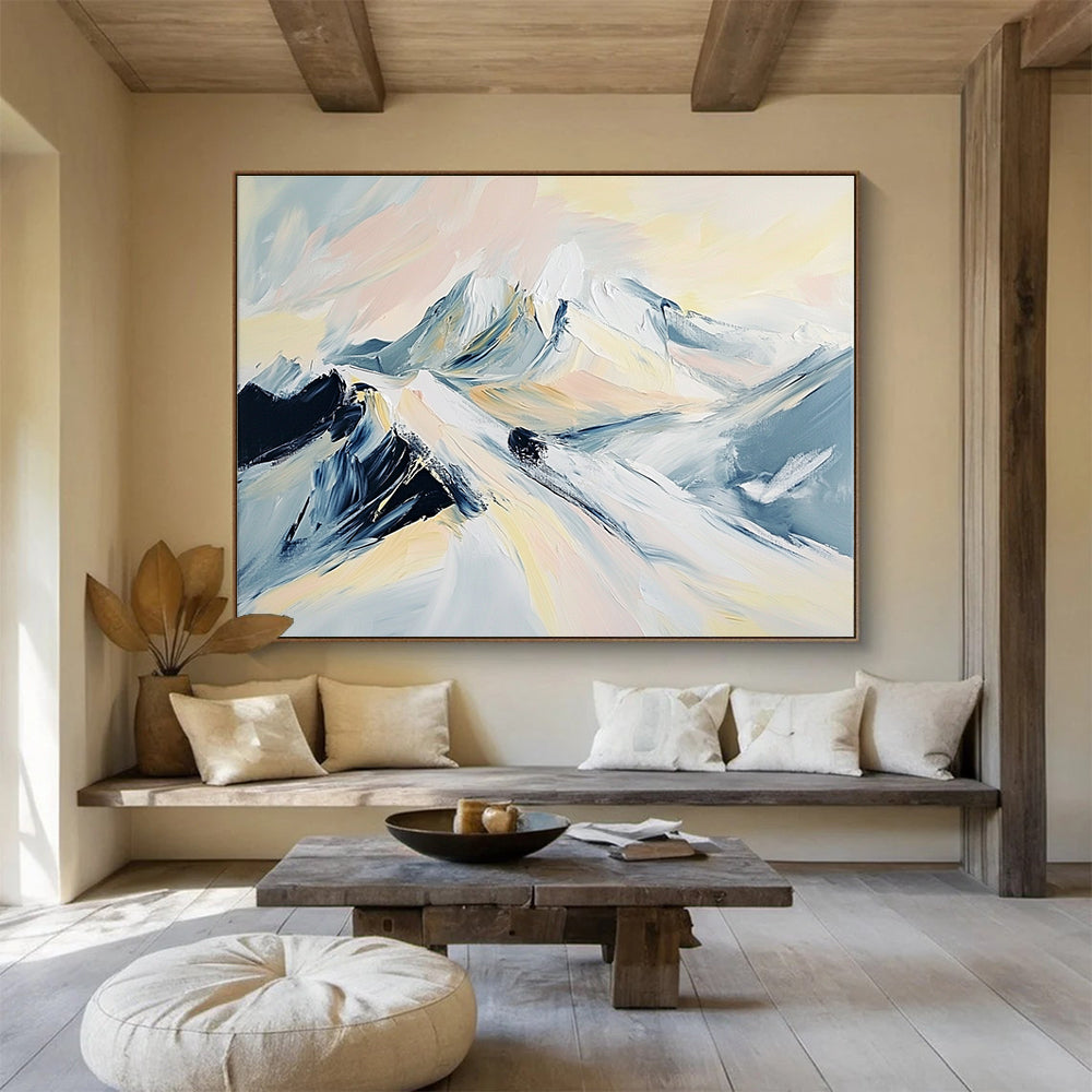 Large abstract painting of snowy mountains featuring soft hues of light gray pale pink beige and black.SC199