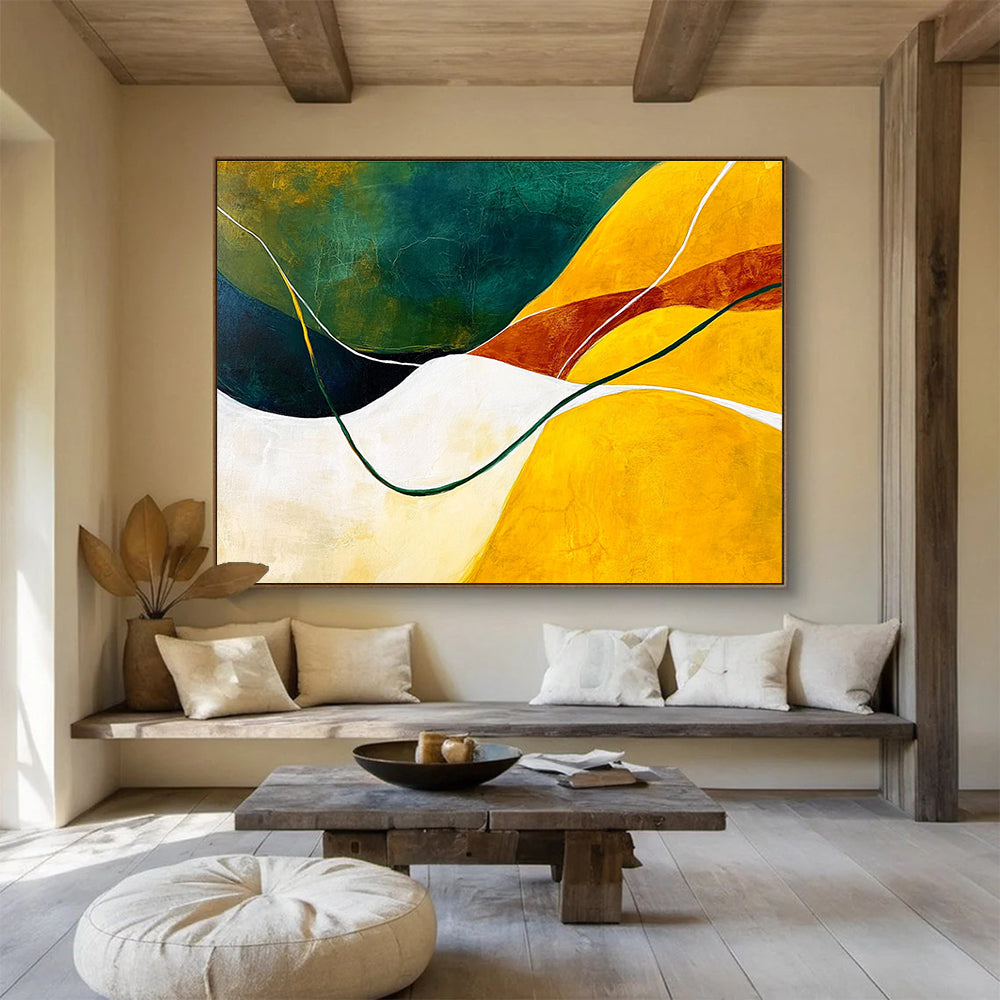 Large abstract painting featuring dynamic yellow green and white lines conveying movement and depth inspired by the beauty of nature.SC268