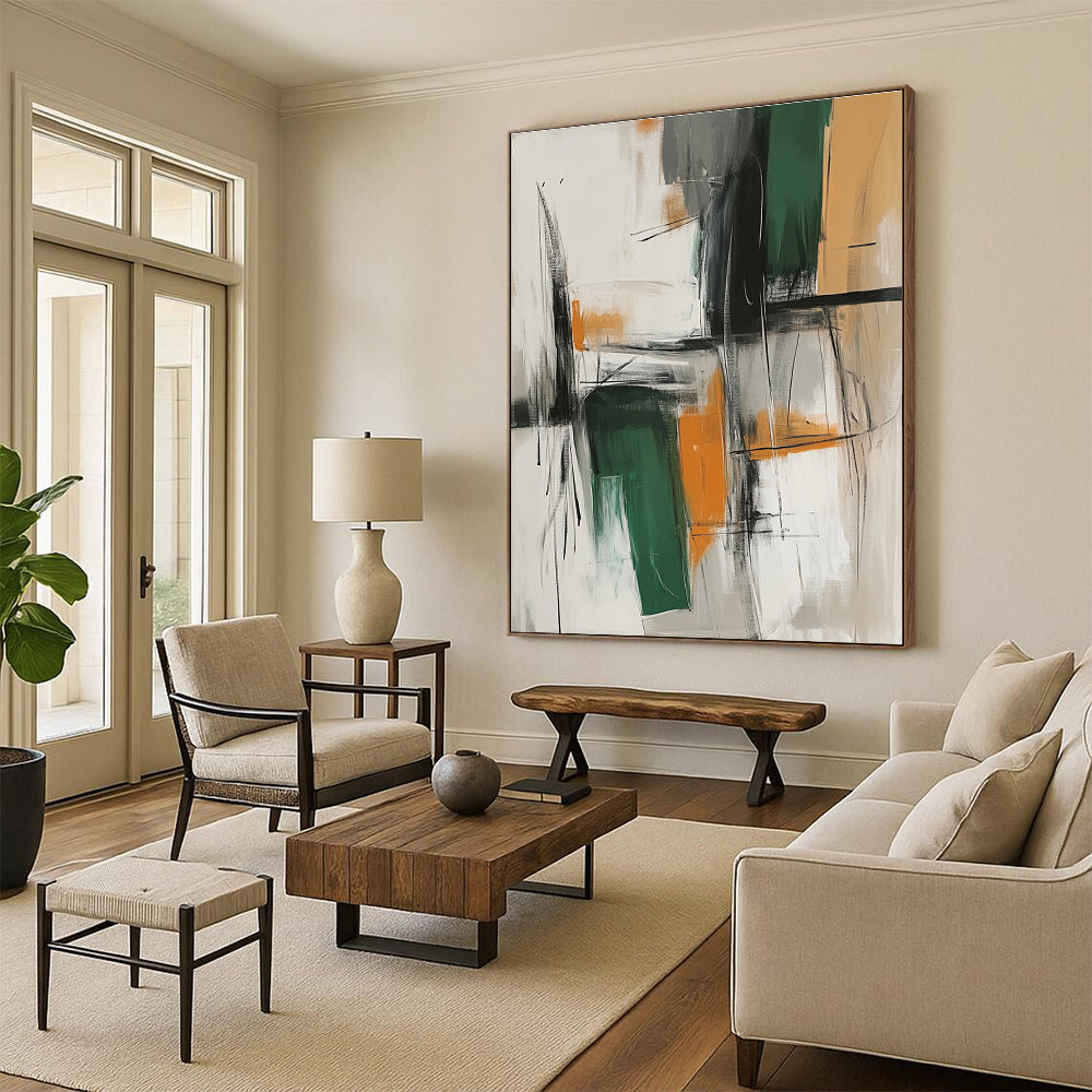 Green Orange Abstract Painting with Intersecting Lines GER817
