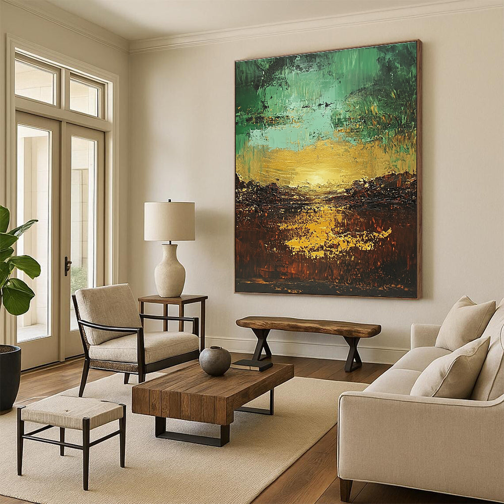 Green and Gold Abstract Painting with Textured Layers GER430