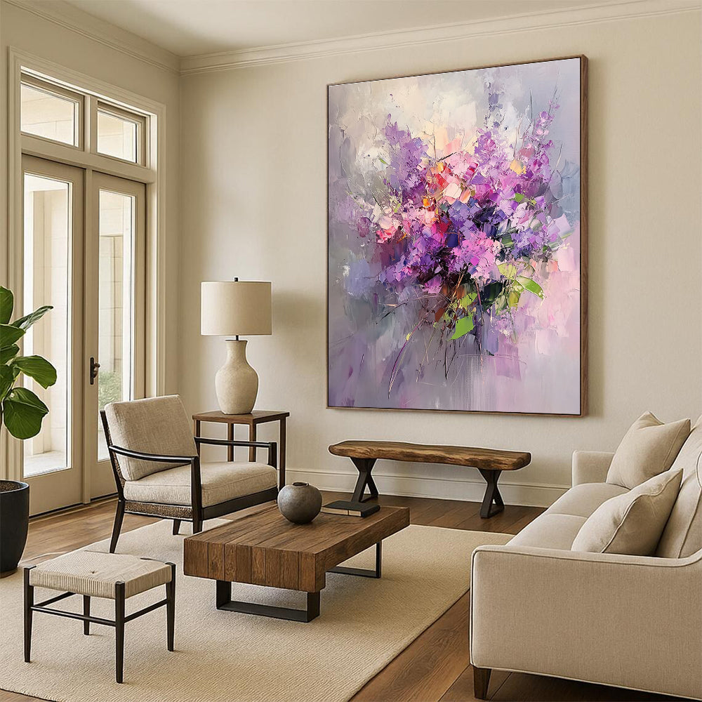 Large abstract oil painting of lilac flowers with purple petals and pink leaves on a light background featuring rich details and delicate textures.STSC926