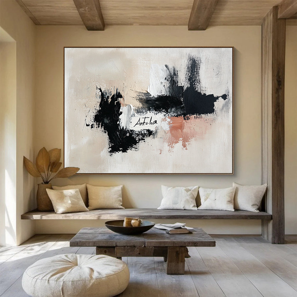 Large abstract painting featuring the word Antcha in soft black and white strokes with dynamic brushwork in a harmonious palette of gray and warm tones.SC311