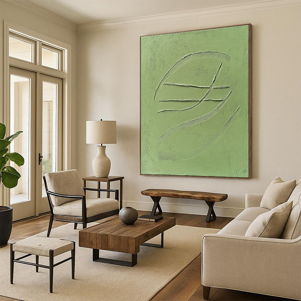 Abstract art featuring a smooth green clay tile with embossed three curved lines against a solid green background.STSC1010