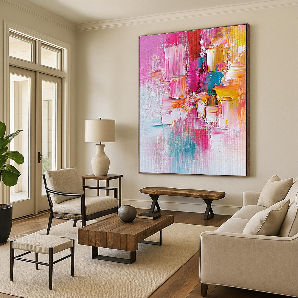 Pink Orange and Teal Abstract Painting with Textured Patches GER487