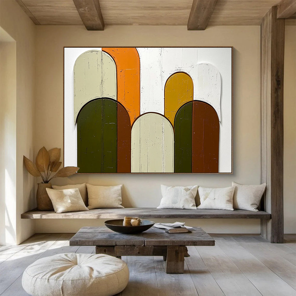 Colorful Arched Shapes Abstract Painting with Green Orange and Brown Tones DYP587
